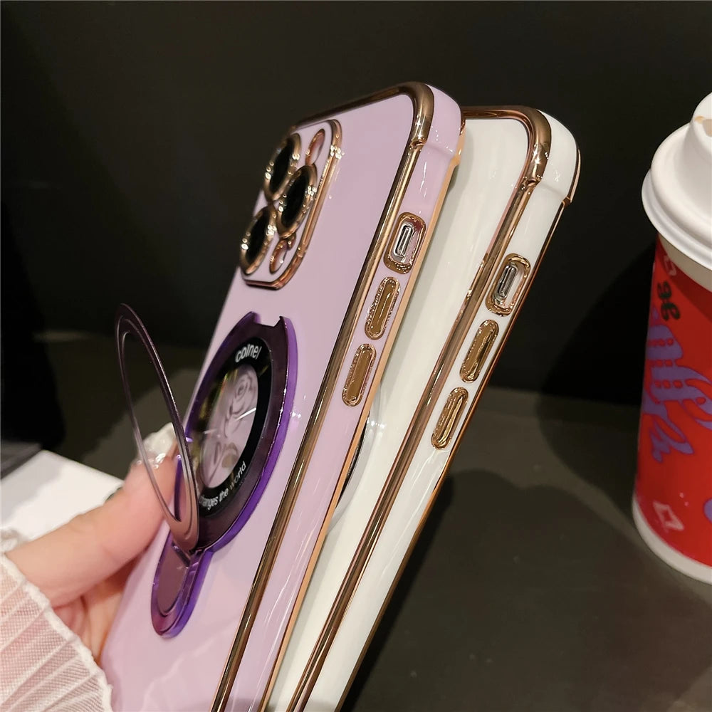 Luxury Plating Flower Frame Magsafe Magnetic Stand Phone Case For iPhone - (SF1009)