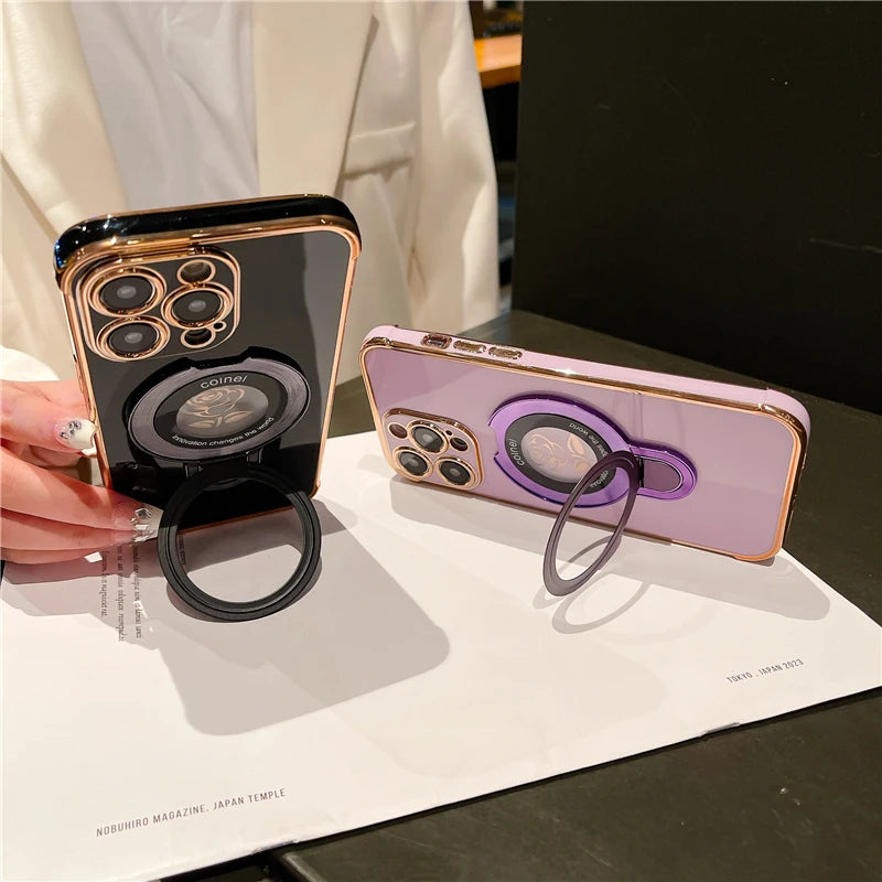 Luxury Plating Flower Frame Magsafe Magnetic Stand Phone Case For iPhone - (SF1009)