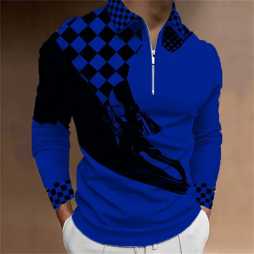 Amiriva Men’s Polo Shirt Golf Shirt with Plaid 3D Print, Long Sleeves, and Zipper Design – Sports Fashion Streetwear