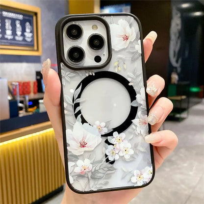 Floral Clear MagSafe Case for iPhone 11–16 Pro Max – Hard Bumper Protection (JUL104)