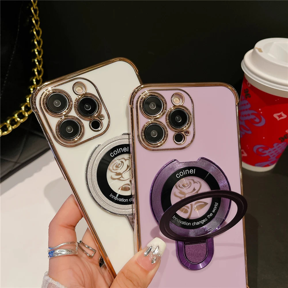Luxury Plating Flower Frame Magsafe Magnetic Stand Phone Case For iPhone - (SF1009)