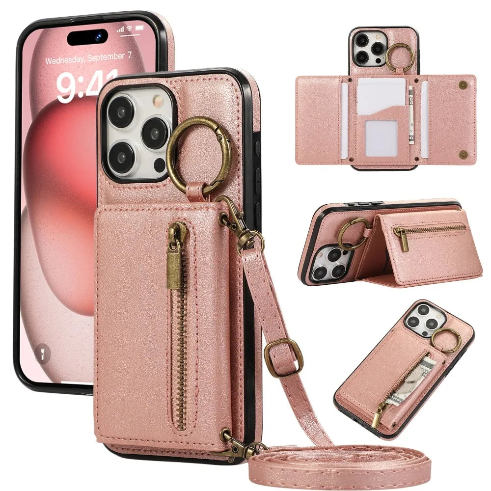 iPhone leather wallet case with built-in stand ring