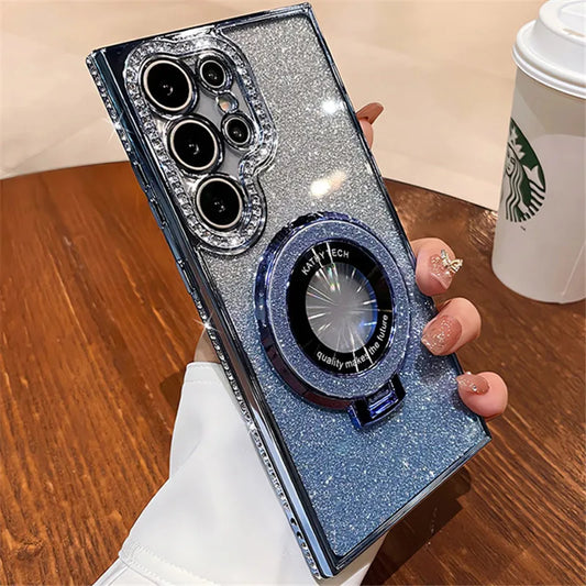 Luxury Bling Glitter Magnetic Stand Case for Samsung Galaxy S24 S23 Ultra with Diamond Frame & Kickstand – Amiriva