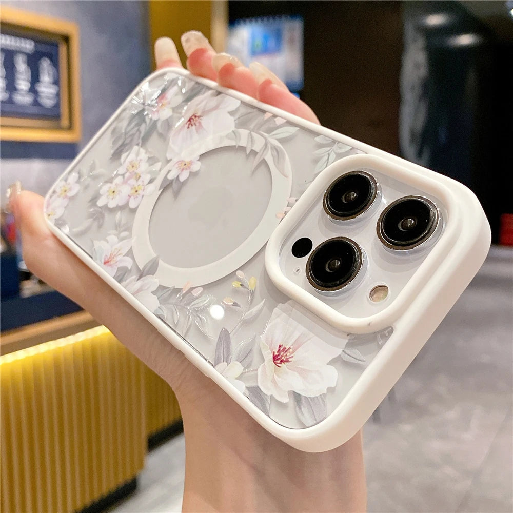 Floral Clear MagSafe Case for iPhone 11–16 Pro Max – Hard Bumper Protection (JUL104)