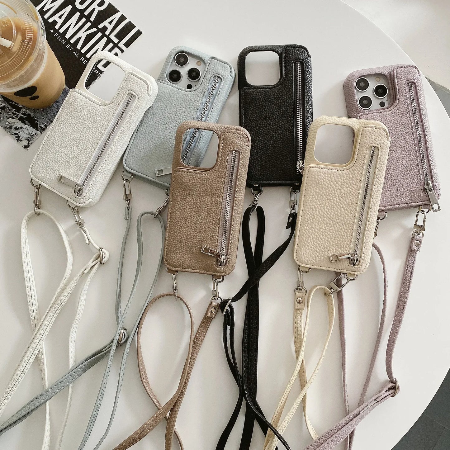 Zipper wallet crossbody iPhone case with mirror and card slots