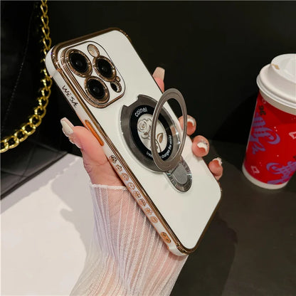 Luxury Plating Flower Frame Magsafe Magnetic Stand Phone Case For iPhone - (SF1009)