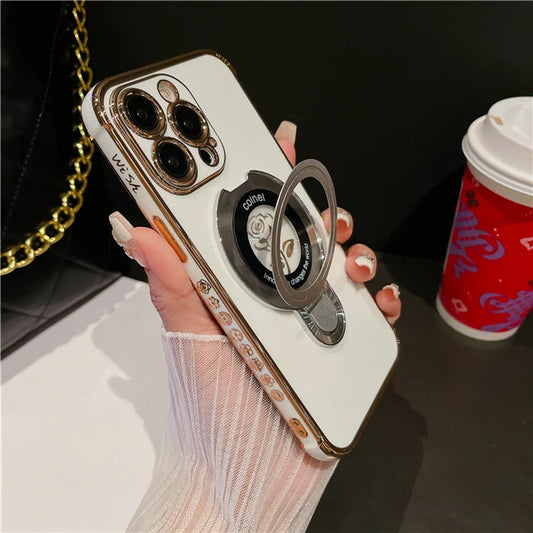 Luxury Plating Flower Frame Magsafe Magnetic Stand Phone Case For iPhone - (SF1009)