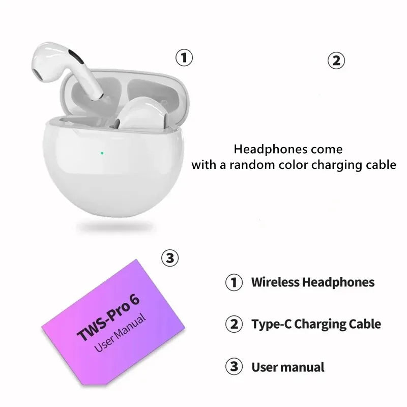Original Air Pro 6 TWS Wireless Bluetooth Headset by Amiriva – Premium in-ear wireless earbuds with noise-free audio, built-in microphone, and sleek design for everyday use