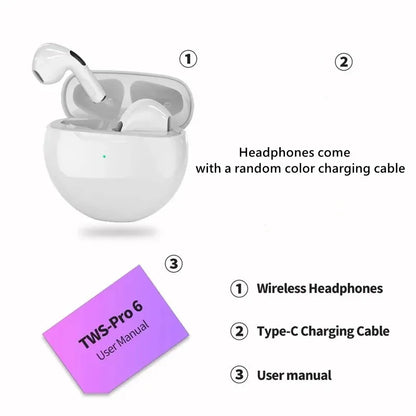 Original Air Pro 6 TWS Wireless Bluetooth Headset by Amiriva – Premium in-ear wireless earbuds with noise-free audio, built-in microphone, and sleek design for everyday use