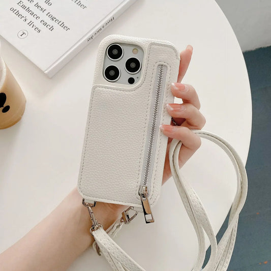 Zipper wallet crossbody iPhone case with mirror and card slots