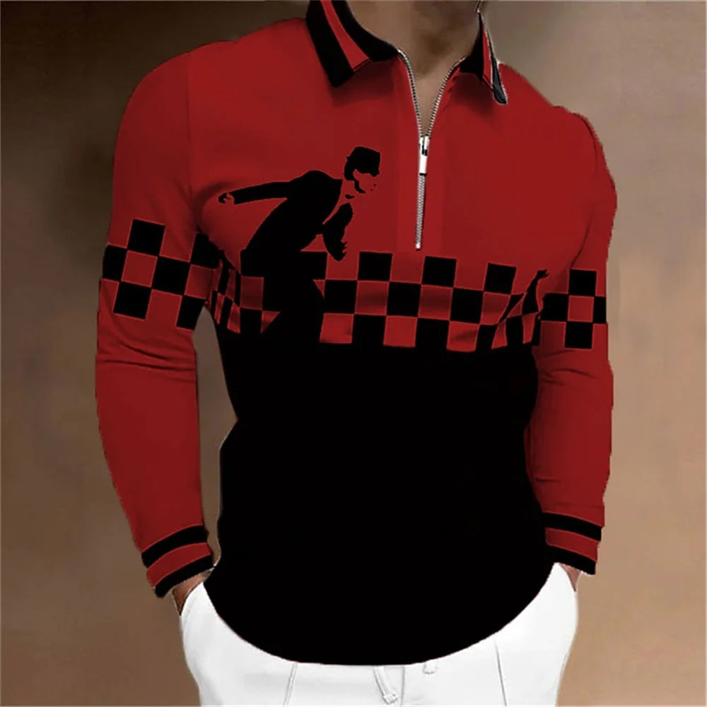 Amiriva Men’s Polo Shirt Golf Shirt with Plaid 3D Print, Long Sleeves, and Zipper Design – Sports Fashion Streetwear