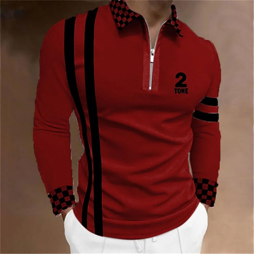 Amiriva Men’s Polo Shirt Golf Shirt with Plaid 3D Print, Long Sleeves, and Zipper Design – Sports Fashion Streetwear