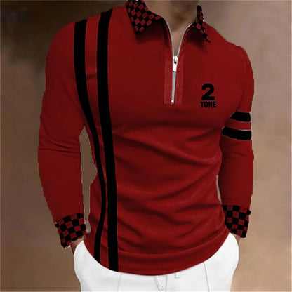Amiriva Men’s Polo Shirt Golf Shirt with Plaid 3D Print, Long Sleeves, and Zipper Design – Sports Fashion Streetwear