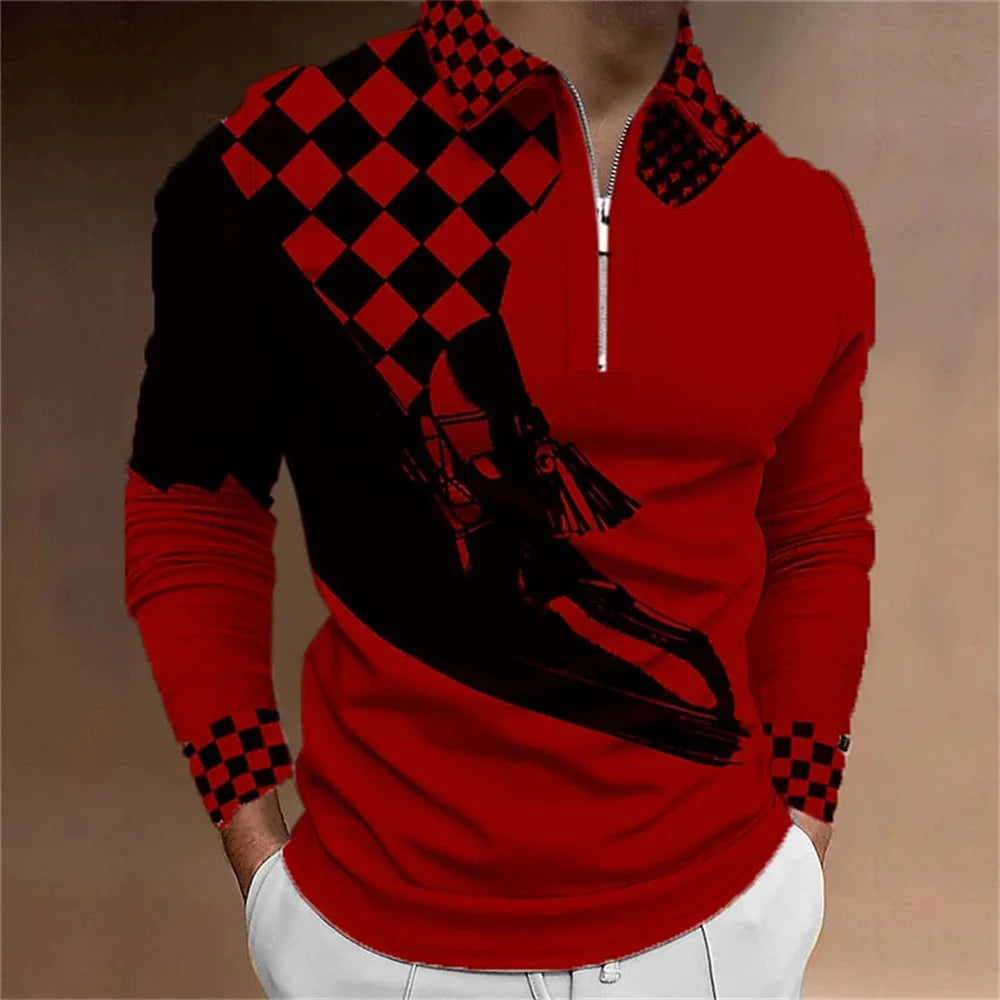 Amiriva Men’s Polo Shirt Golf Shirt with Plaid 3D Print, Long Sleeves, and Zipper Design – Sports Fashion Streetwear