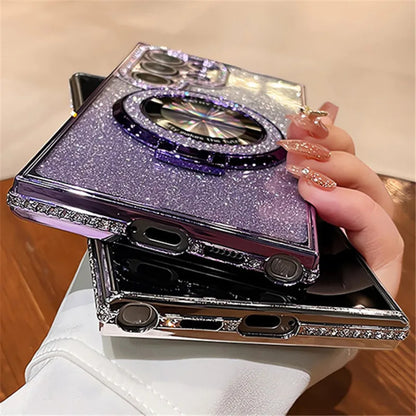 Luxury Bling Glitter Magnetic Stand Case for Samsung Galaxy S24 S23 Ultra with Diamond Frame & Kickstand – Amiriva