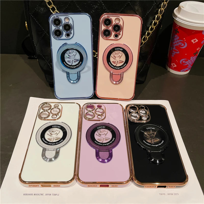 Luxury Plating Flower Frame Magsafe Magnetic Stand Phone Case For iPhone - (SF1009)