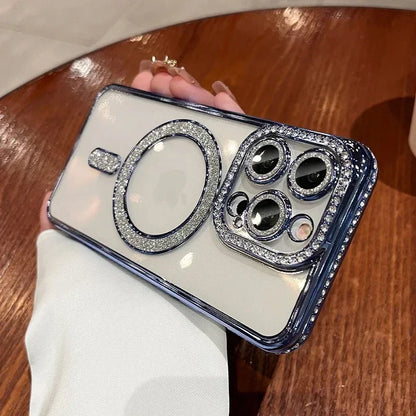 New Fashion Glitter Diamond Transparent Case For iPhone 16 15 14 Plus Pro Max Magnetic Wireless Charge Back Cover - (SN1005)
