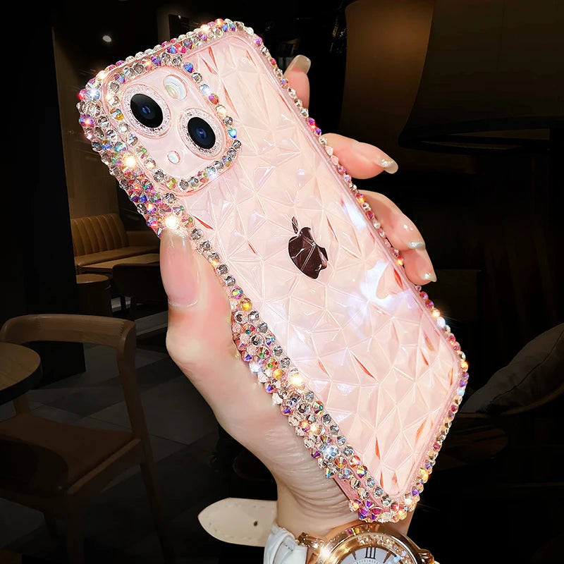 Luxury Diamond Glitter iPhone Case KR1008 – Transparent Water Ripple Bling Shockproof Soft TPU Cover for iPhone 7 to 16 Pro Max and Plus Models