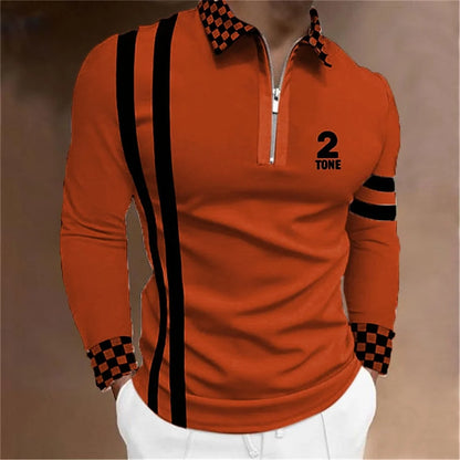 Amiriva Men’s Polo Shirt Golf Shirt with Plaid 3D Print, Long Sleeves, and Zipper Design – Sports Fashion Streetwear