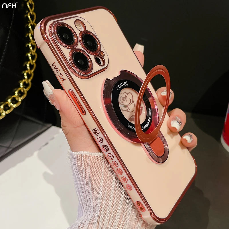 Luxury Plating Flower Frame Magsafe Magnetic Stand Phone Case For iPhone - (SF1009)