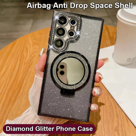 Luxury Glitter Mirror MagSafe Case for Samsung Galaxy S25 S24 S23 Ultra with Diamond Bracket and Fold Stand – Amiriva