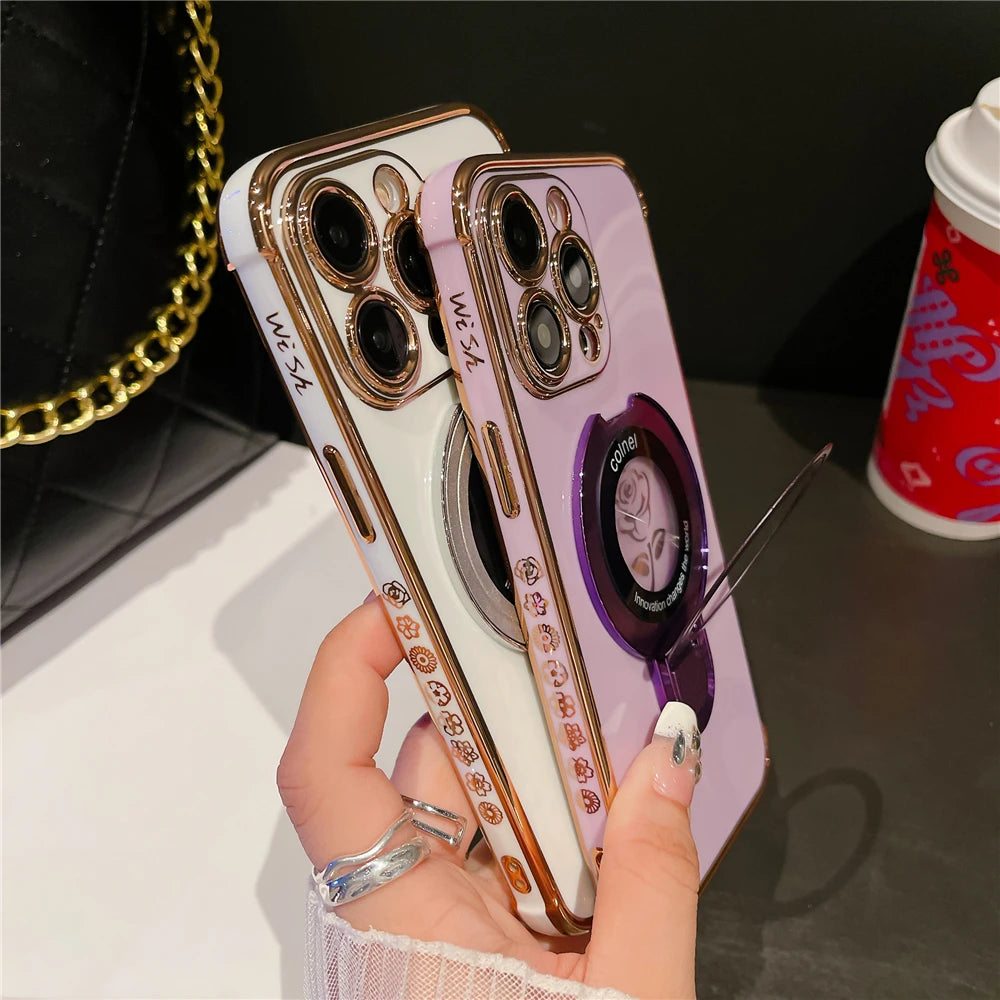 Luxury Plating Flower Frame Magsafe Magnetic Stand Phone Case For iPhone - (SF1009)
