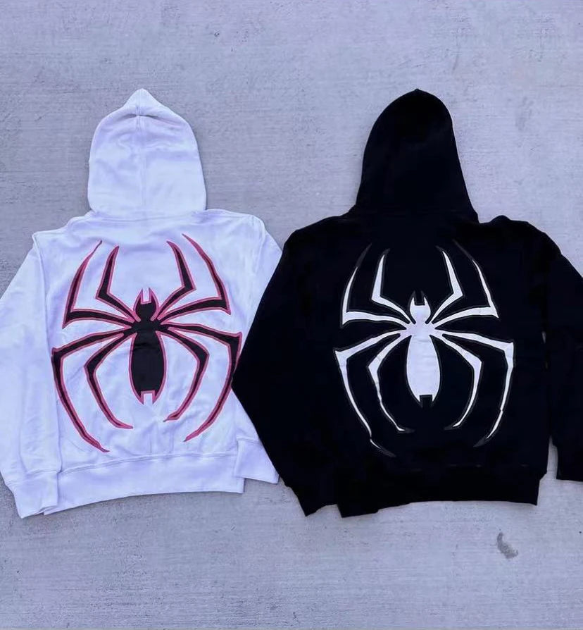 Amiriva women's Y2K spider print zip-up hoodie with loose fit and grunge hip hop design for autumn and winter casual wear
