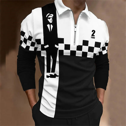 Amiriva Men’s Polo Shirt Golf Shirt with Plaid 3D Print, Long Sleeves, and Zipper Design – Sports Fashion Streetwear