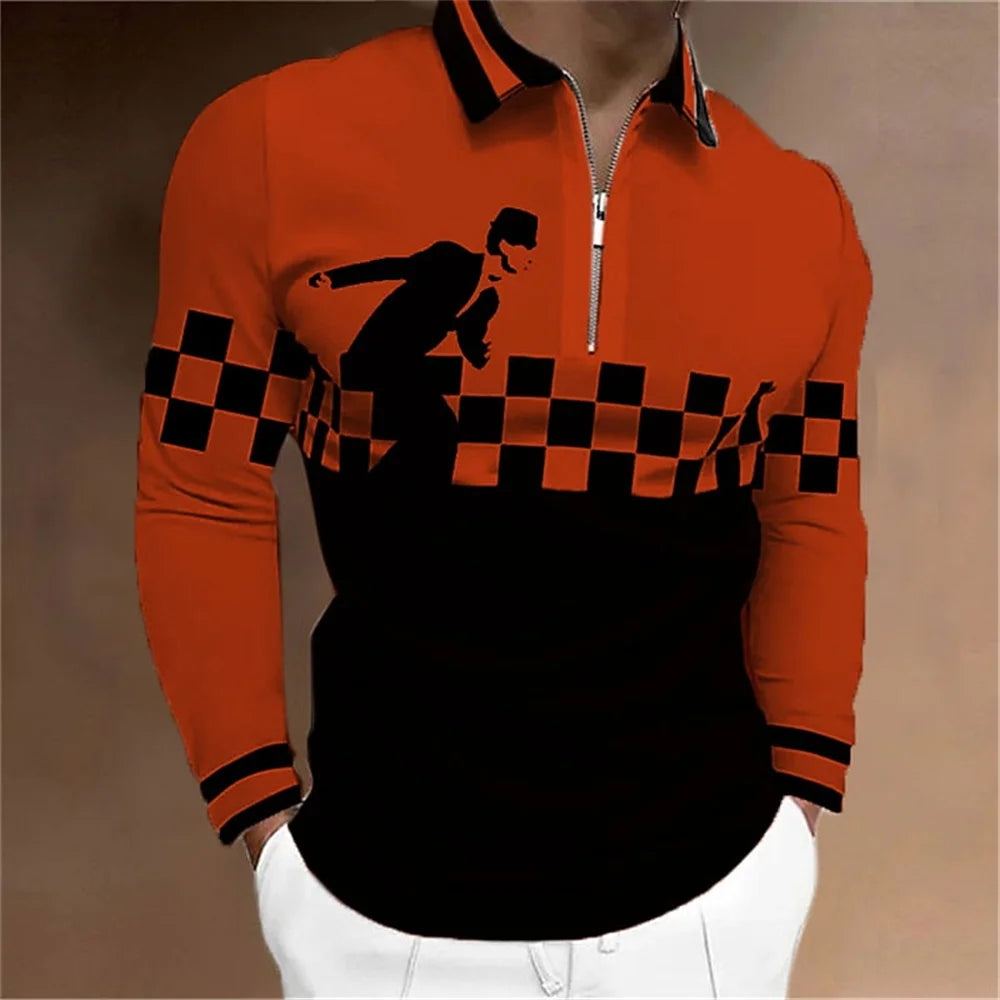 Amiriva Men’s Polo Shirt Golf Shirt with Plaid 3D Print, Long Sleeves, and Zipper Design – Sports Fashion Streetwear