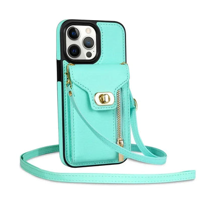 Amiriva leather wallet zipper case with lanyard for iPhone 16