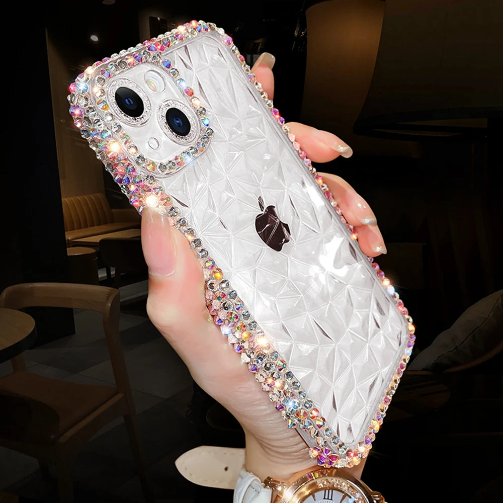 Luxury Diamond Glitter iPhone Case KR1008 – Transparent Water Ripple Bling Shockproof Soft TPU Cover for iPhone 7 to 16 Pro Max and Plus Models