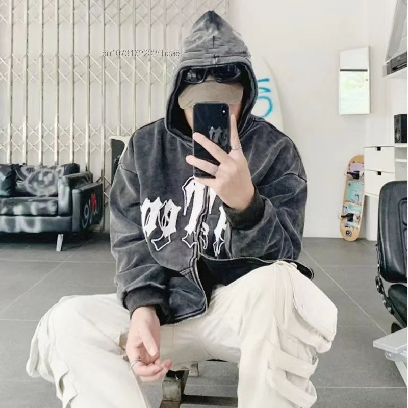 Amiriva oversized hip hop letter plush jacket hoodie with lantern sleeves, trendy Y2K grunge streetwear for men and women