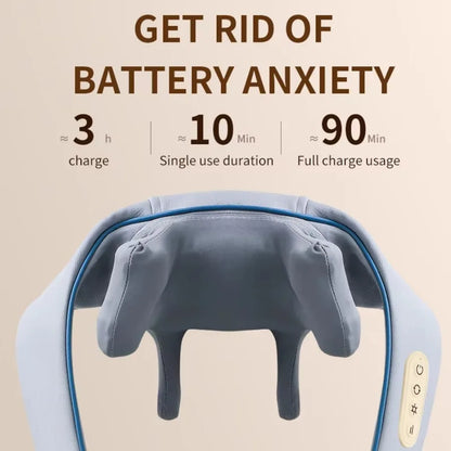 Amiriva Wireless Neck and Shoulder Massager with Heat Function, designed for relaxation and comfort, showing the ergonomic massager draped around a person's neck and shoulders.