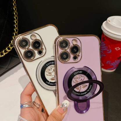 Luxury Plating Flower Frame Magsafe Magnetic Stand Phone Case For iPhone - (SF1009)