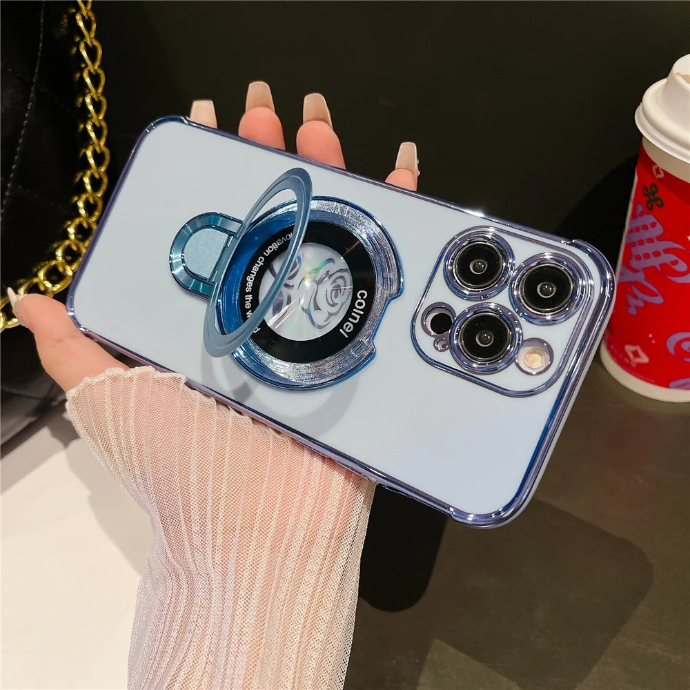 Luxury Plating Flower Frame Magsafe Magnetic Stand Phone Case For iPhone - (SF1009)