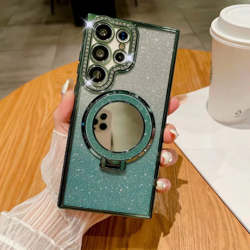 Luxury Glitter Mirror MagSafe Case for Samsung Galaxy S25 S24 S23 Ultra with Diamond Bracket and Fold Stand – Amiriva