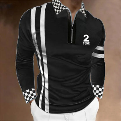 Amiriva Men’s Polo Shirt Golf Shirt with Plaid 3D Print, Long Sleeves, and Zipper Design – Sports Fashion Streetwear
