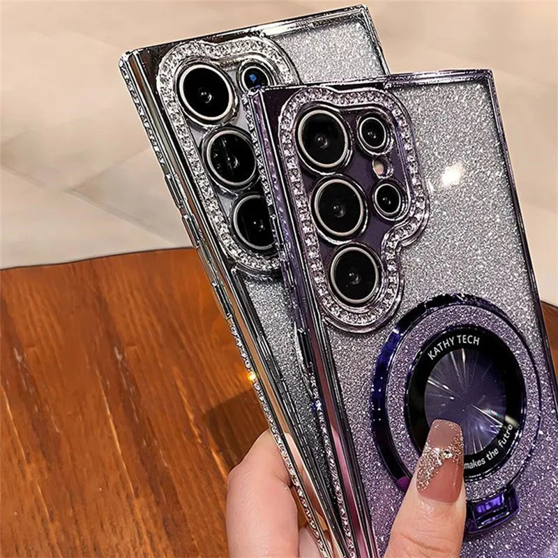 Luxury Bling Glitter Magnetic Stand Case for Samsung Galaxy S24 S23 Ultra with Diamond Frame & Kickstand – Amiriva