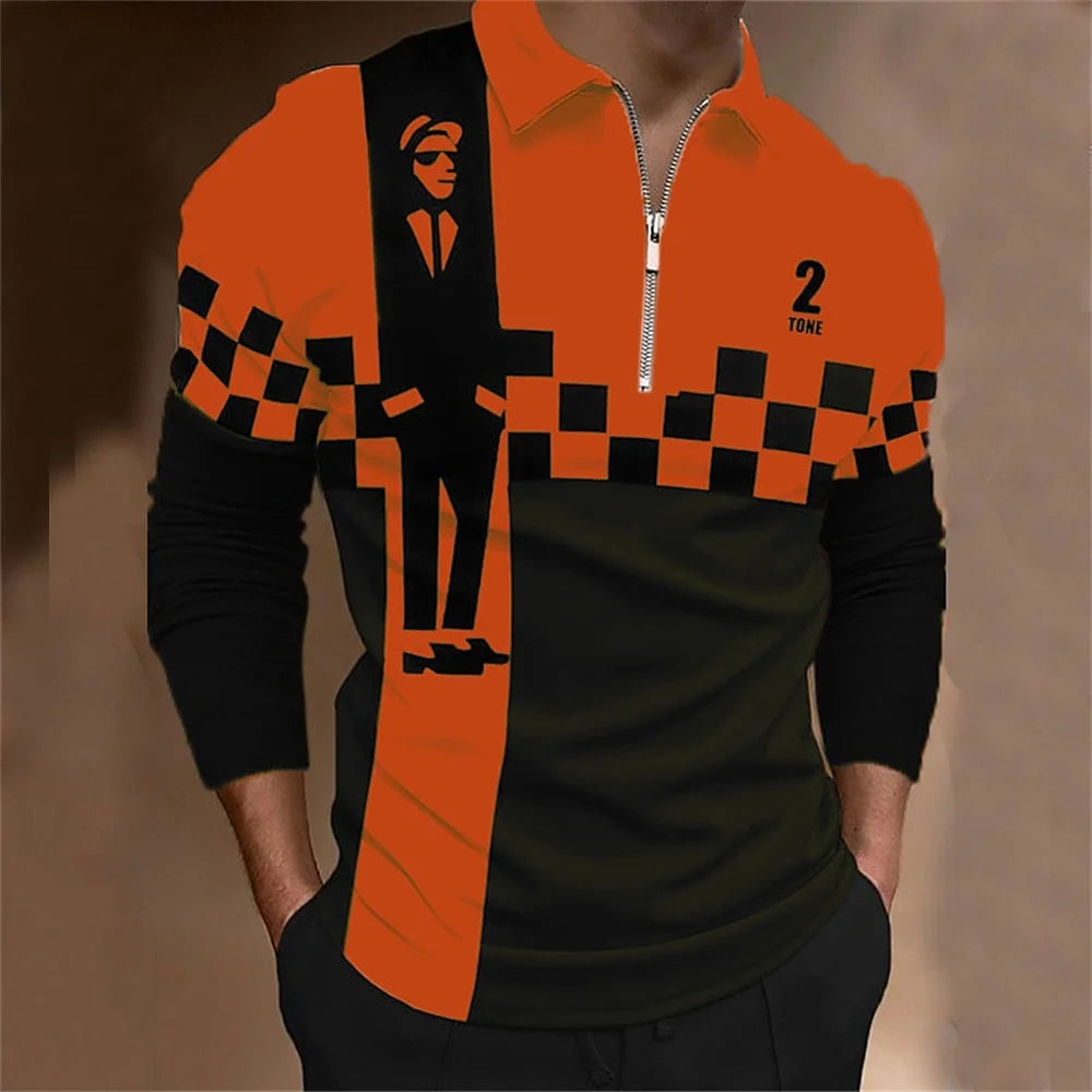 Amiriva Men’s Polo Shirt Golf Shirt with Plaid 3D Print, Long Sleeves, and Zipper Design – Sports Fashion Streetwear