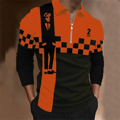 Amiriva Men’s Polo Shirt Golf Shirt with Plaid 3D Print, Long Sleeves, and Zipper Design – Sports Fashion Streetwear
