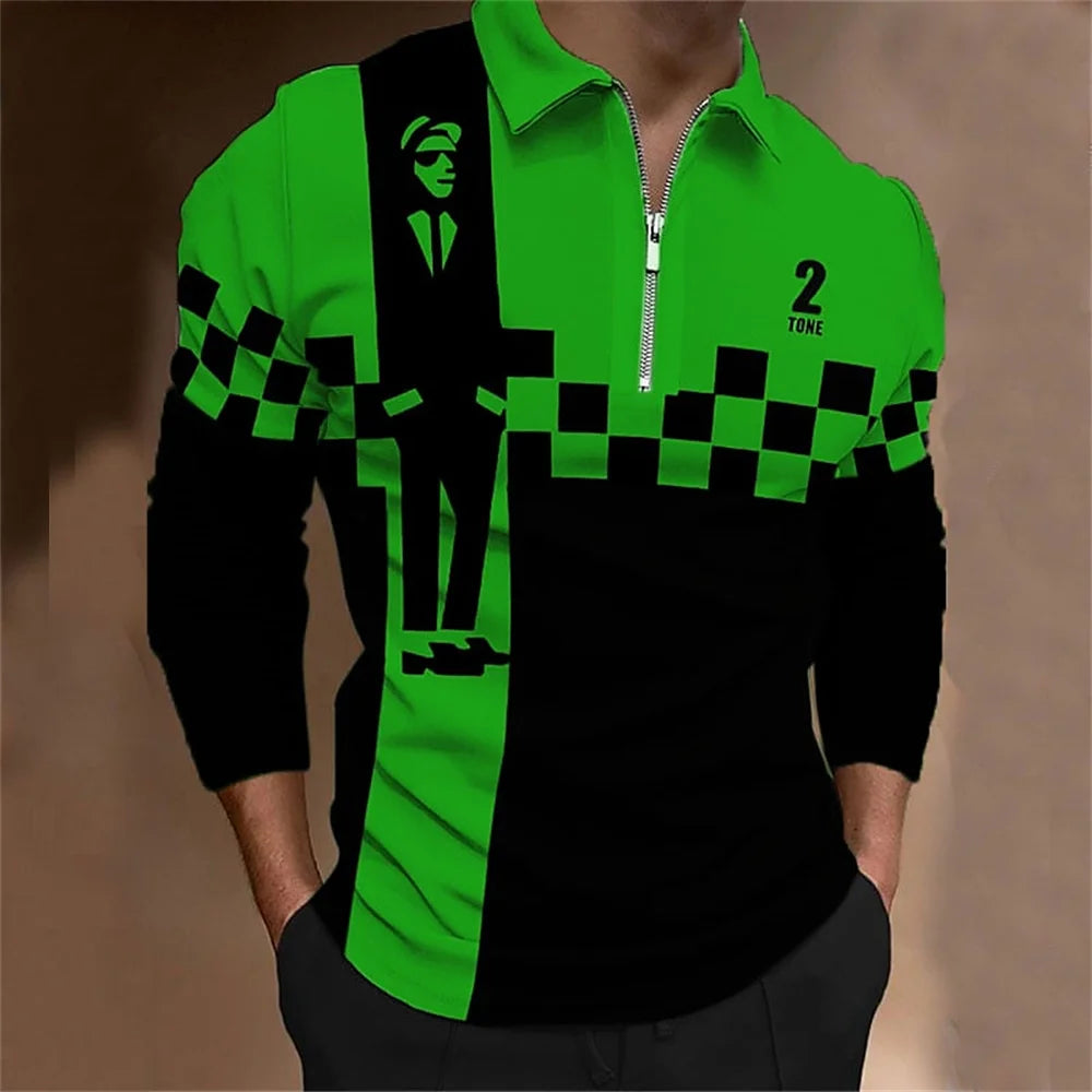 Amiriva Men’s Polo Shirt Golf Shirt with Plaid 3D Print, Long Sleeves, and Zipper Design – Sports Fashion Streetwear