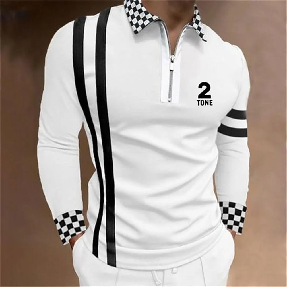 Amiriva Men’s Polo Shirt Golf Shirt with Plaid 3D Print, Long Sleeves, and Zipper Design – Sports Fashion Streetwear