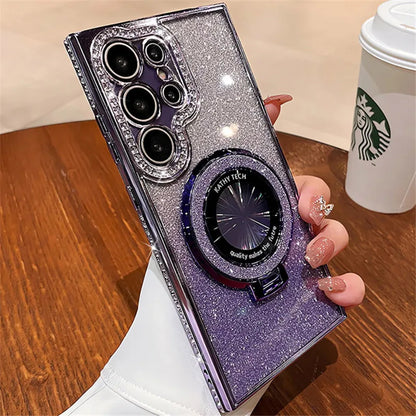 Luxury Bling Glitter Magnetic Stand Case for Samsung Galaxy S24 S23 Ultra with Diamond Frame & Kickstand – Amiriva