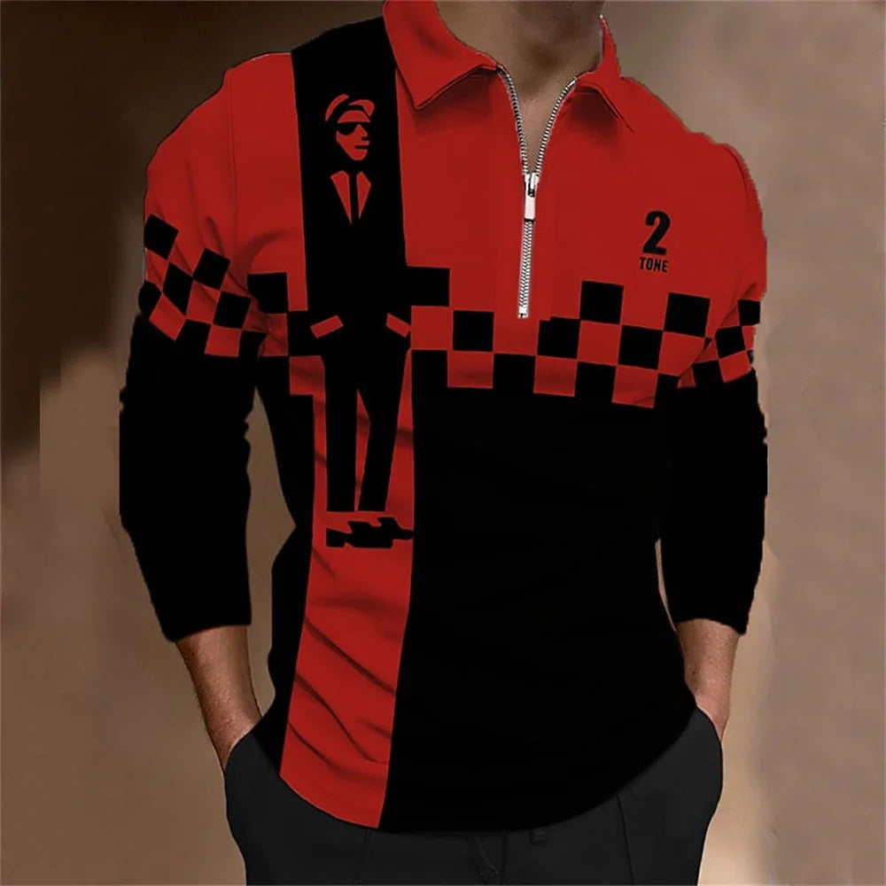 Amiriva Men’s Polo Shirt Golf Shirt with Plaid 3D Print, Long Sleeves, and Zipper Design – Sports Fashion Streetwear