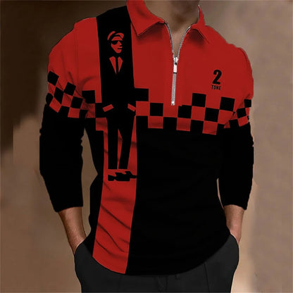 Amiriva Men’s Polo Shirt Golf Shirt with Plaid 3D Print, Long Sleeves, and Zipper Design – Sports Fashion Streetwear