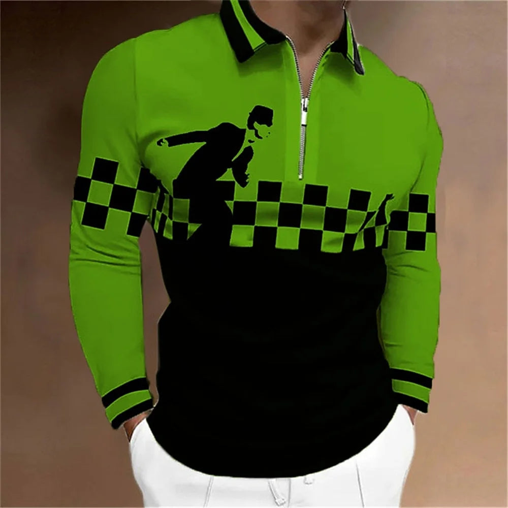 Amiriva Men’s Polo Shirt Golf Shirt with Plaid 3D Print, Long Sleeves, and Zipper Design – Sports Fashion Streetwear