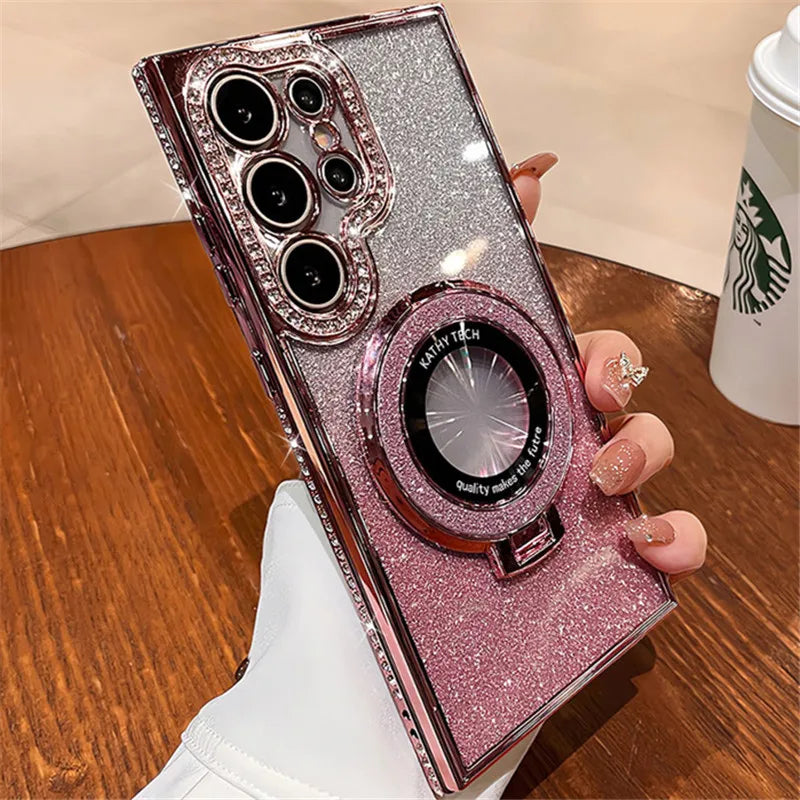 Luxury Bling Glitter Magnetic Stand Case for Samsung Galaxy S24 S23 Ultra with Diamond Frame & Kickstand – Amiriva