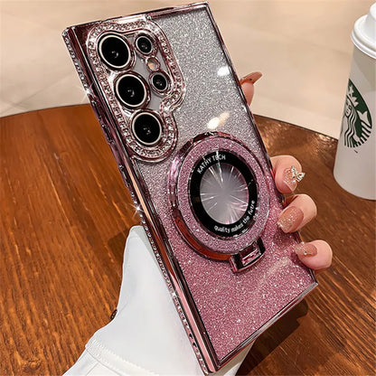 Luxury Bling Glitter Magnetic Stand Case for Samsung Galaxy S24 S23 Ultra with Diamond Frame & Kickstand – Amiriva