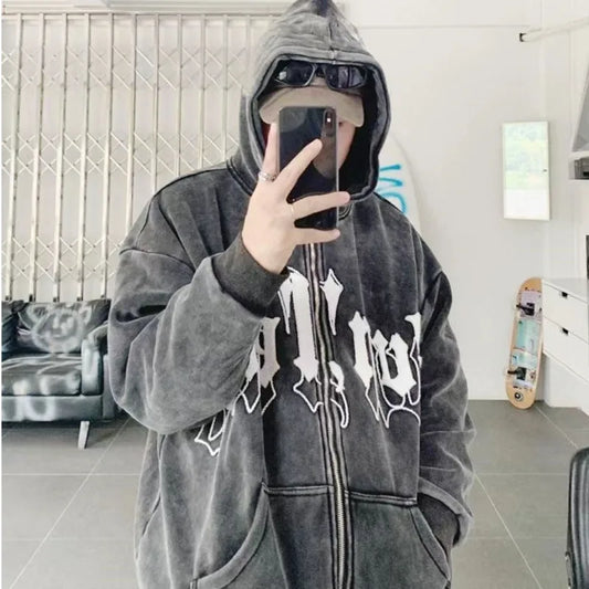 Amiriva oversized hip hop letter plush jacket hoodie with lantern sleeves, trendy Y2K grunge streetwear for men and women