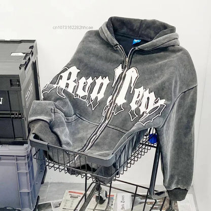 Amiriva oversized hip hop letter plush jacket hoodie with lantern sleeves, trendy Y2K grunge streetwear for men and women